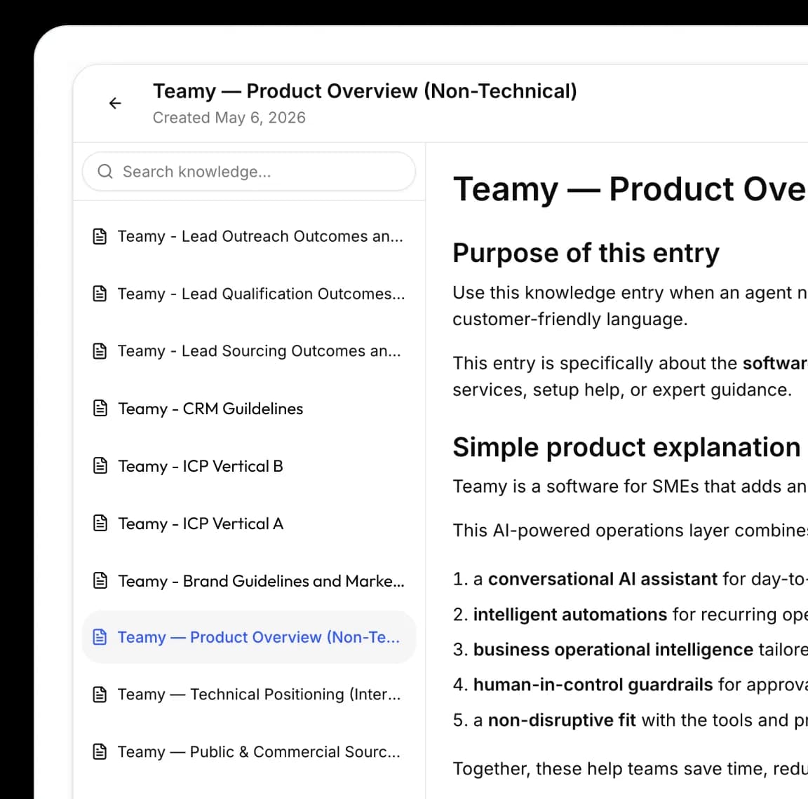 Base de connaissances et contexte métier Teamy